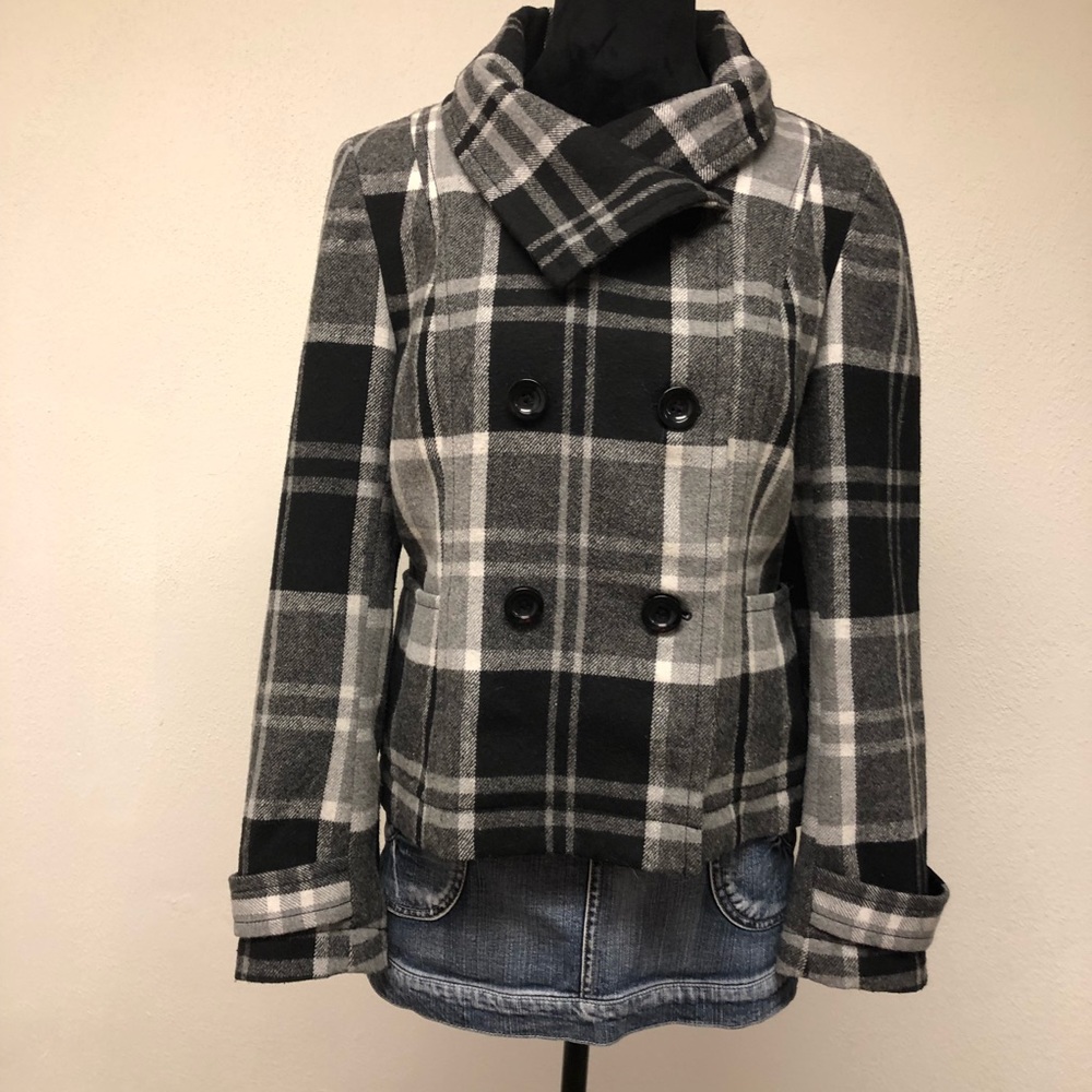 Willi Smith Plaid Double Breasted Pea Coat Large
